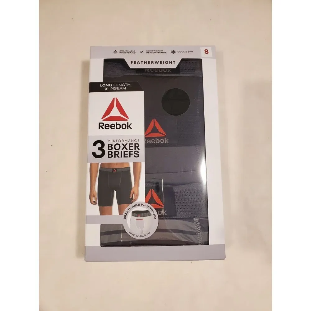 New Reebok Men's 3 Pack Featherweight Long Leg Performance Boxer Briefs‎ Small